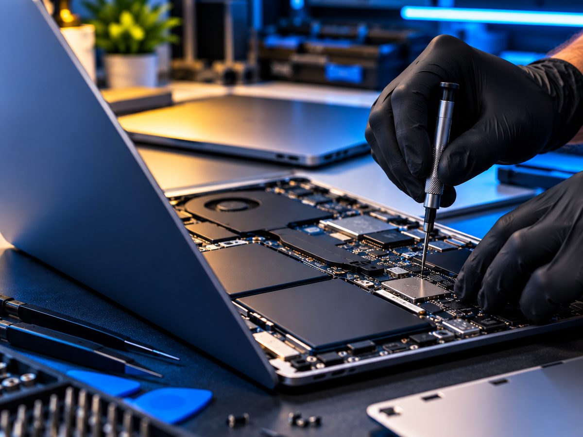 Manutenção de um notebook ultrafino aberto na bancada