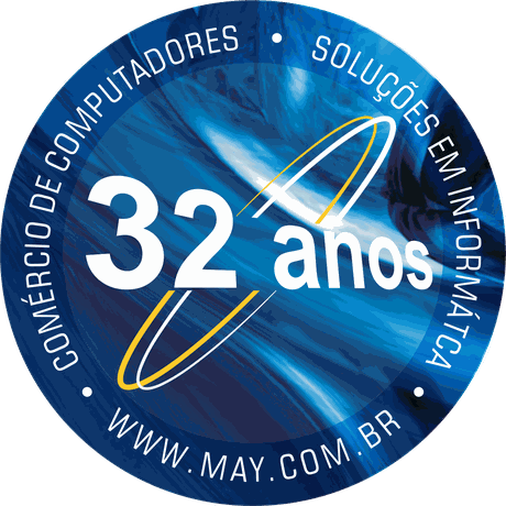 Selo MAY COM 32 anos, comércio de computadores e soluções em informática